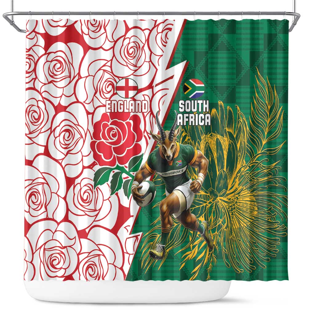 South Africa and England Rugby Shower Curtain Springboks Mascot With Red Rose