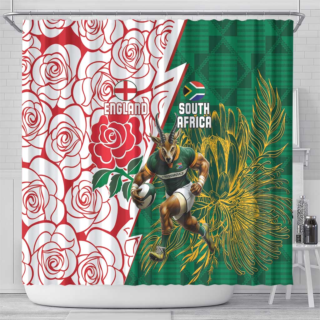 South Africa and England Rugby Shower Curtain Springboks Mascot With Red Rose