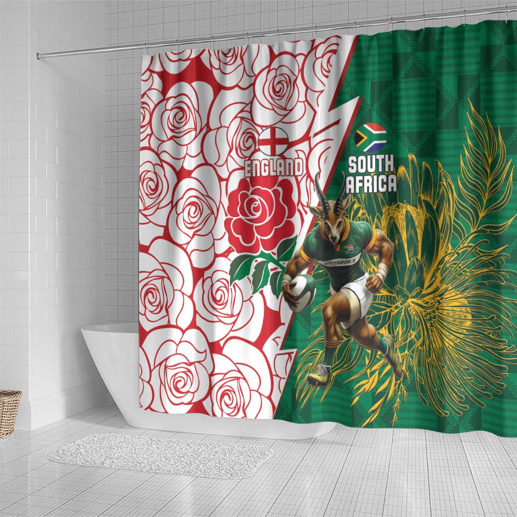 South Africa and England Rugby Shower Curtain Springboks Mascot With Red Rose