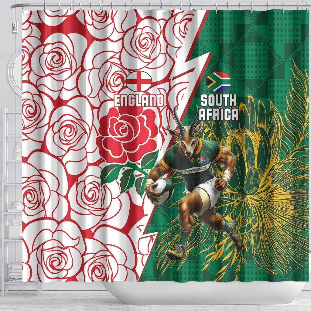 South Africa and England Rugby Shower Curtain Springboks Mascot With Red Rose