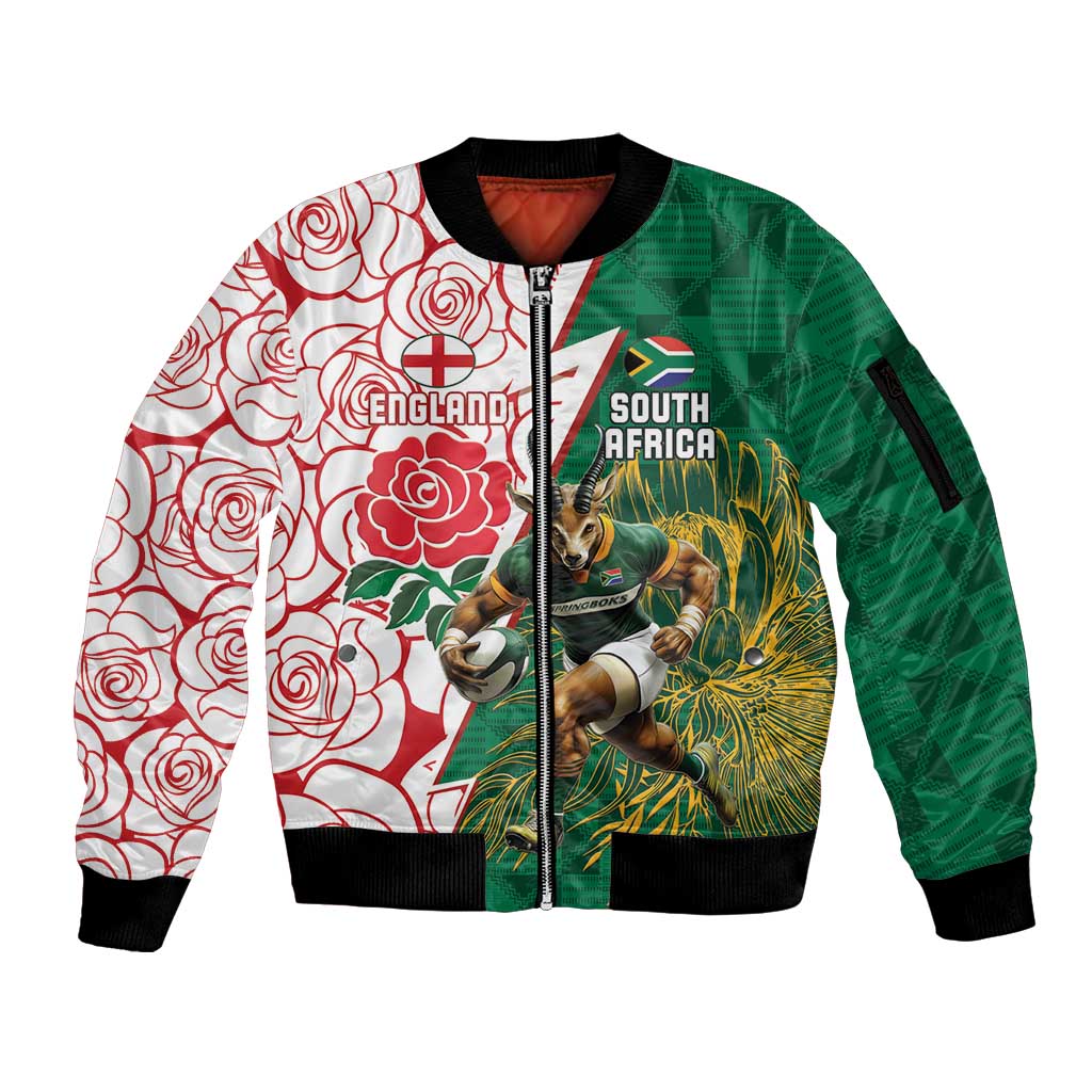 Personalized South Africa and England Rugby Sleeve Zip Bomber Jacket Springboks Mascot With Red Rose