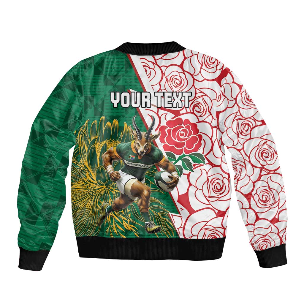 Personalized South Africa and England Rugby Sleeve Zip Bomber Jacket Springboks Mascot With Red Rose