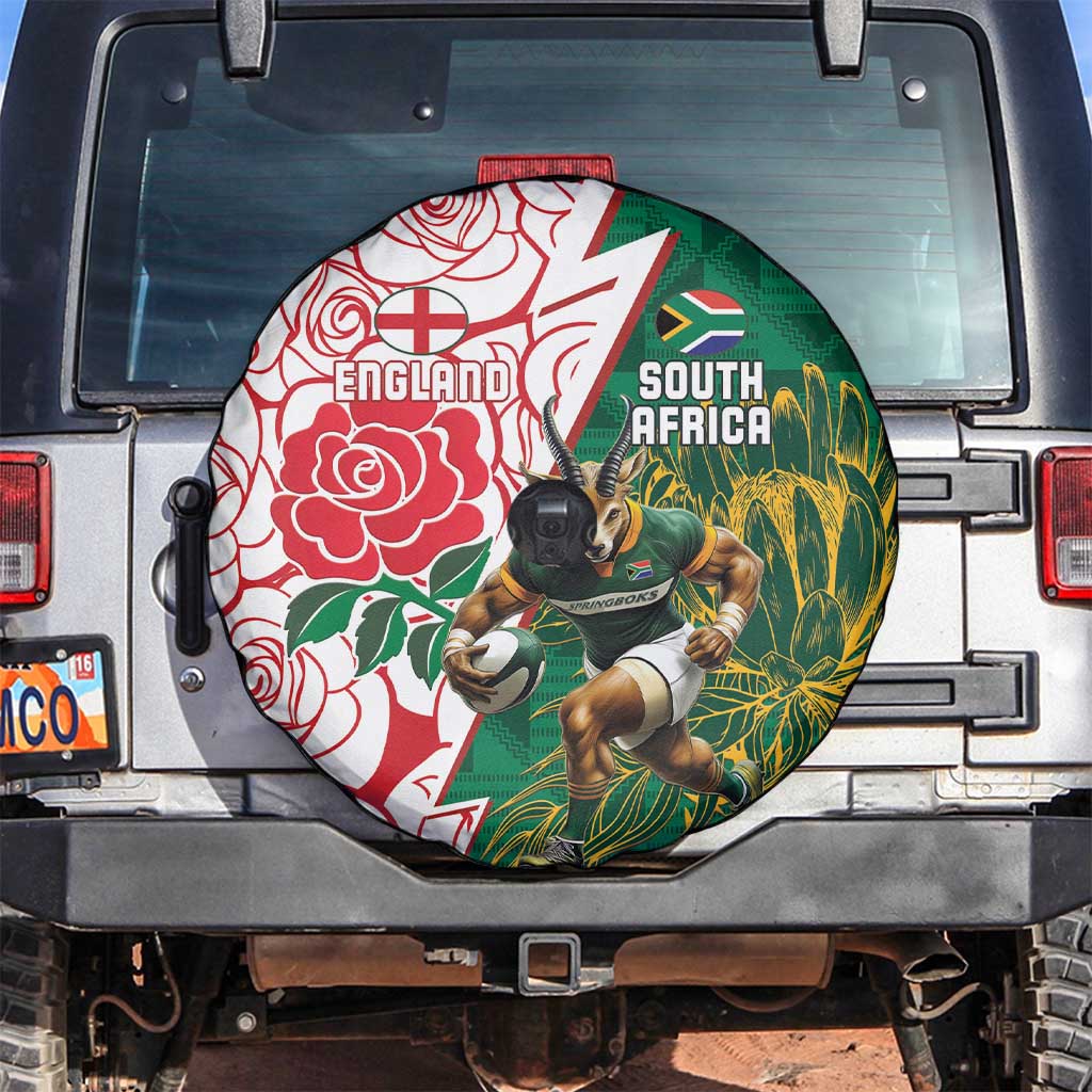 South Africa and England Rugby Spare Tire Cover Springboks Mascot With Red Rose