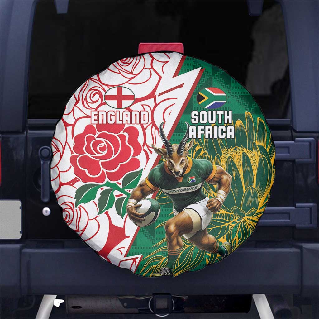 South Africa and England Rugby Spare Tire Cover Springboks Mascot With Red Rose
