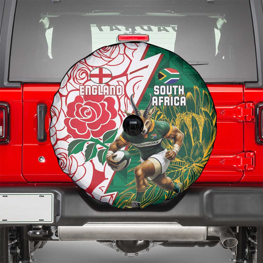 South Africa and England Rugby Spare Tire Cover Springboks Mascot With Red Rose