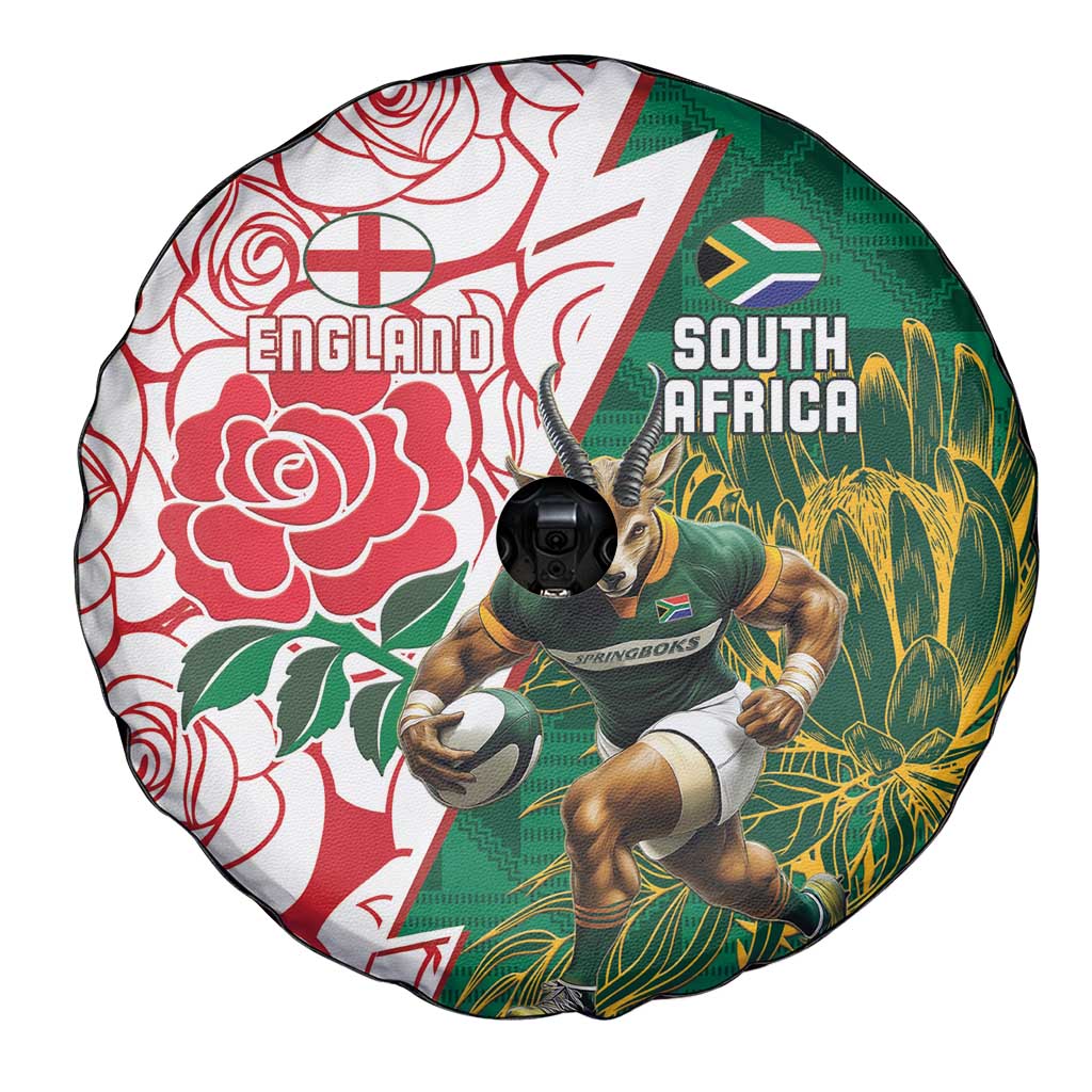 South Africa and England Rugby Spare Tire Cover Springboks Mascot With Red Rose