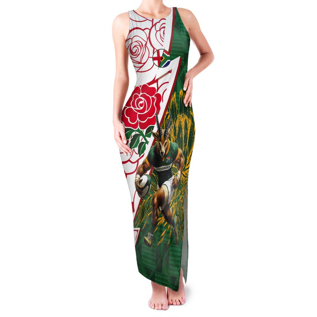 Personalized South Africa and England Rugby Tank Maxi Dress Springboks Mascot With Red Rose