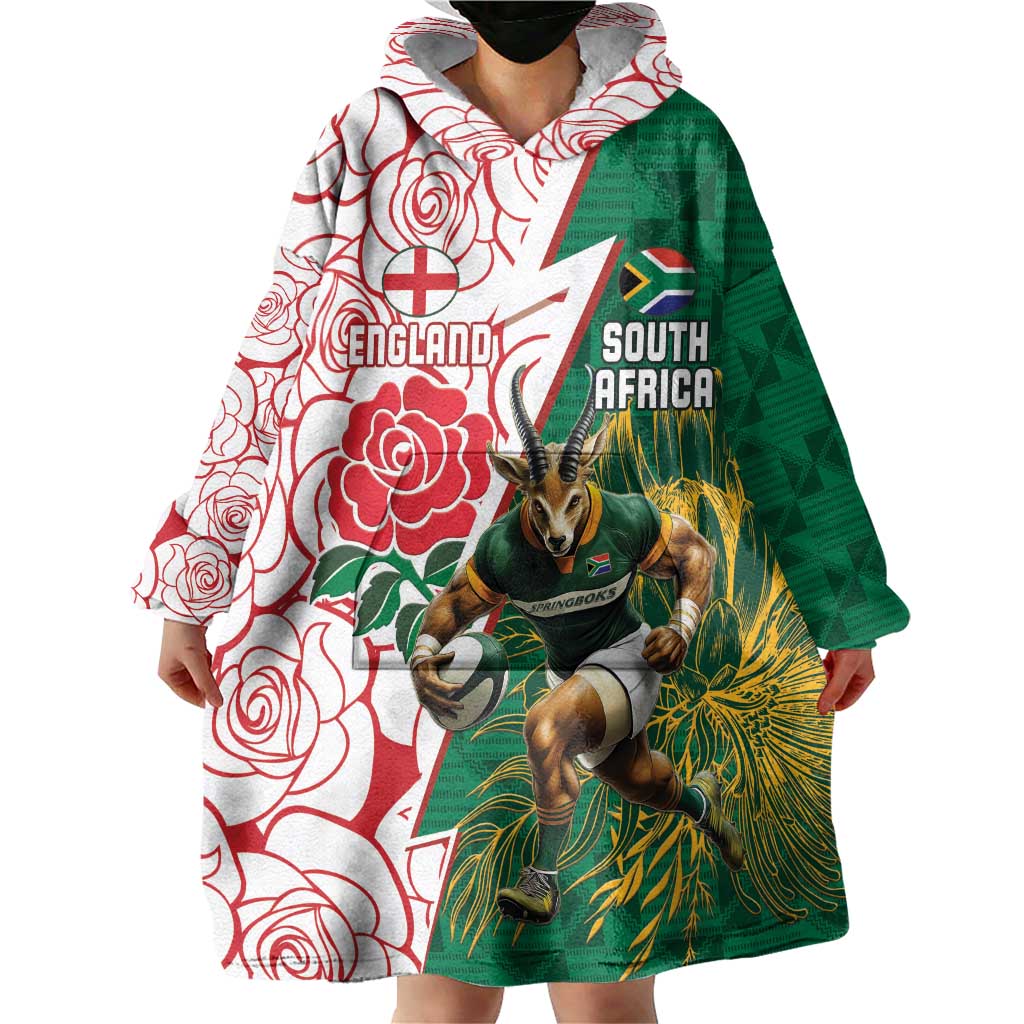 Personalized South Africa and England Rugby Wearable Blanket Hoodie Springboks Mascot With Red Rose