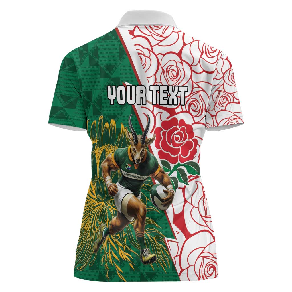 Personalized South Africa and England Rugby Women Polo Shirt Springboks Mascot With Red Rose