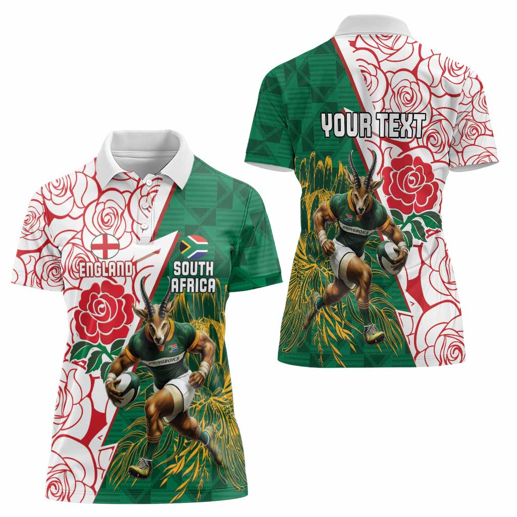 Personalized South Africa and England Rugby Women Polo Shirt Springboks Mascot With Red Rose