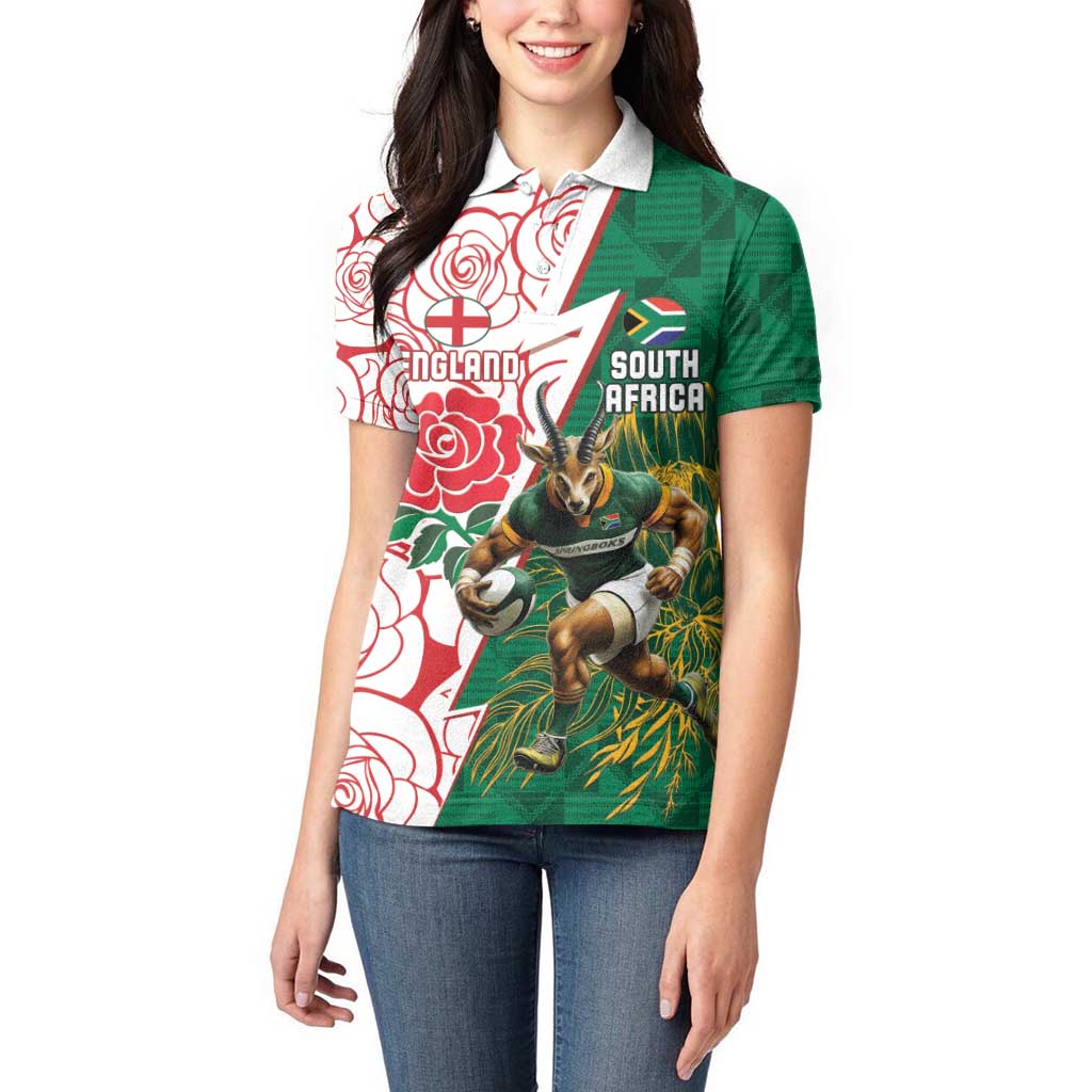 Personalized South Africa and England Rugby Women Polo Shirt Springboks Mascot With Red Rose
