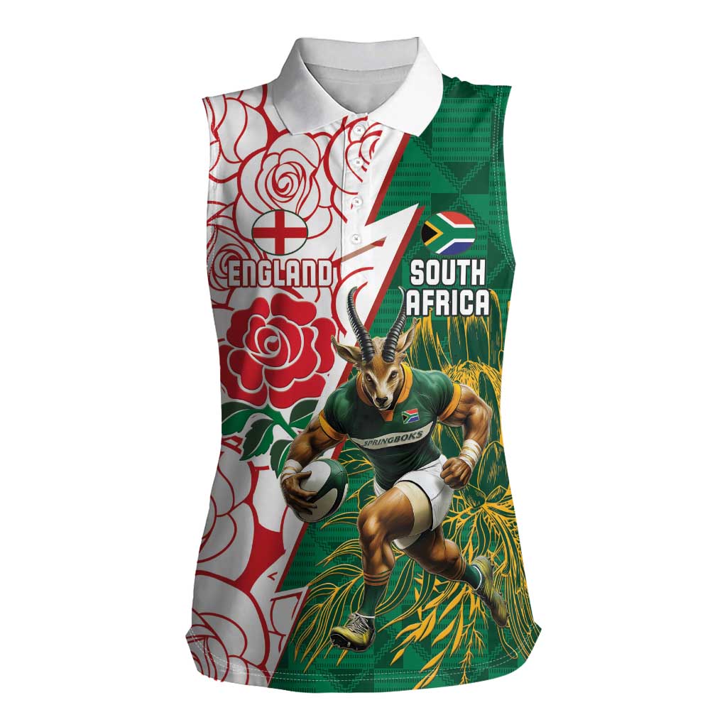 Personalized South Africa and England Rugby Women Sleeveless Polo Shirt Springboks Mascot With Red Rose