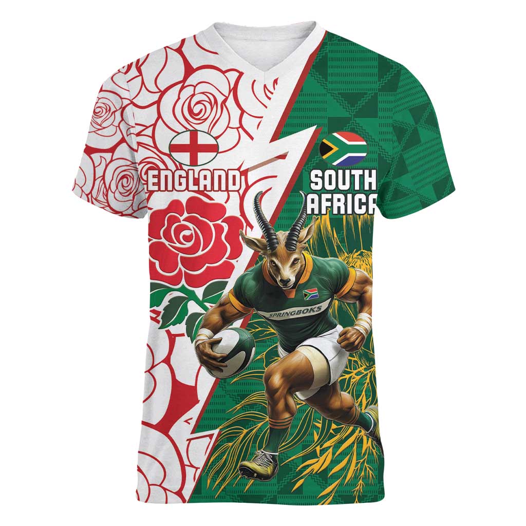 Personalized South Africa and England Rugby Women V-Neck T-Shirt Springboks Mascot With Red Rose