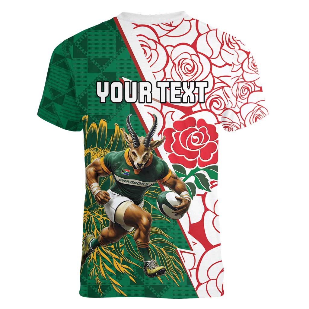 Personalized South Africa and England Rugby Women V-Neck T-Shirt Springboks Mascot With Red Rose