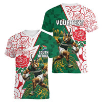 Personalized South Africa and England Rugby Women V-Neck T-Shirt Springboks Mascot With Red Rose