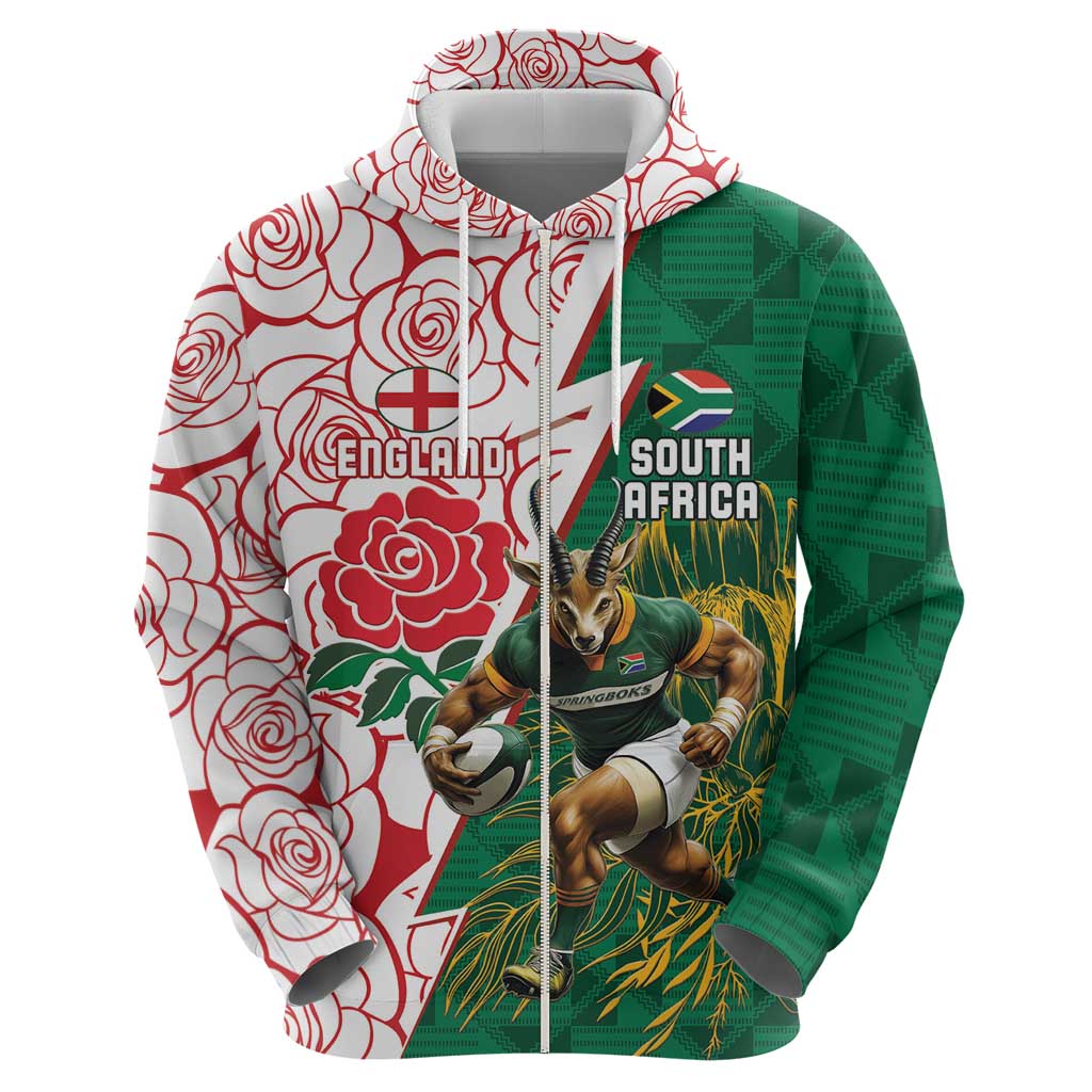 Personalized South Africa and England Rugby Zip Hoodie Springboks Mascot With Red Rose
