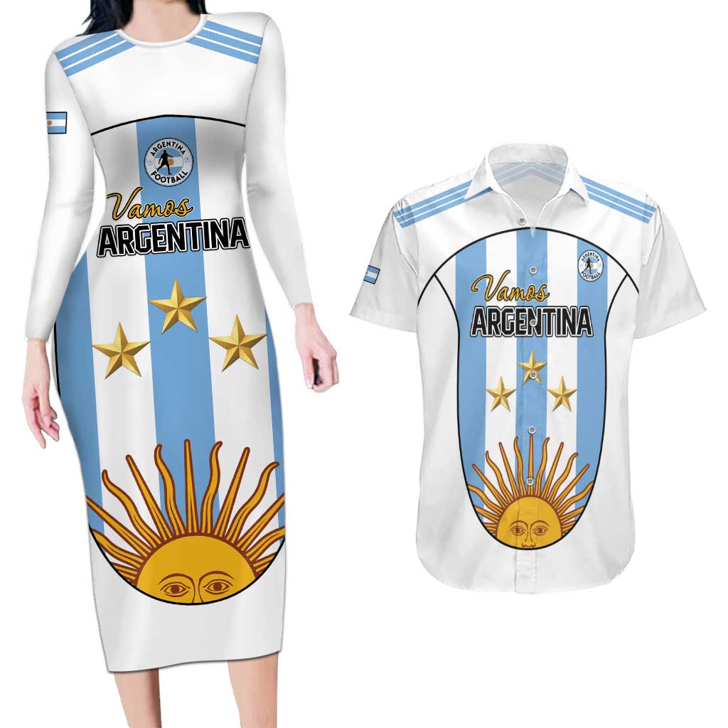 Custom Argentina Football Couples Matching Long Sleeve Bodycon Dress and Hawaiian Shirt Vamos Vamos Argentina