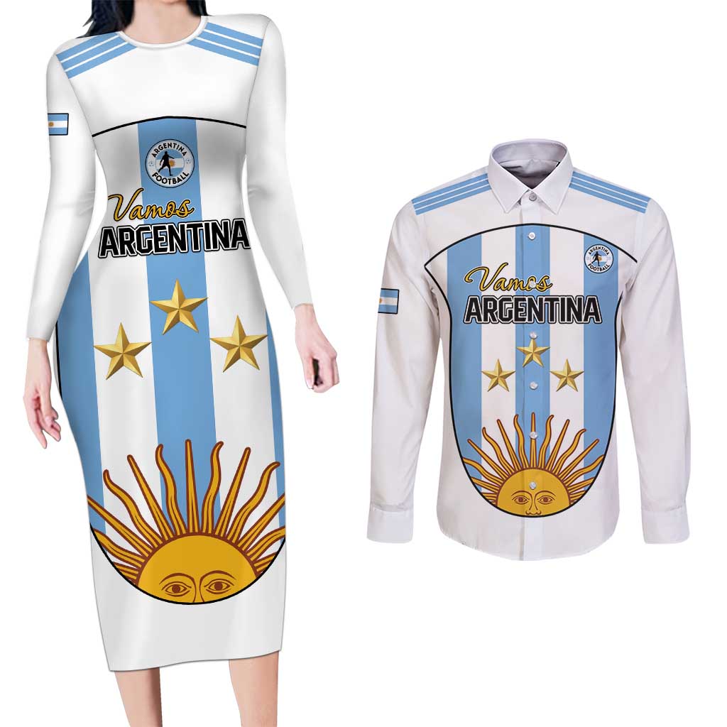 Custom Argentina Football Couples Matching Long Sleeve Bodycon Dress and Long Sleeve Button Shirt Vamos Vamos Argentina