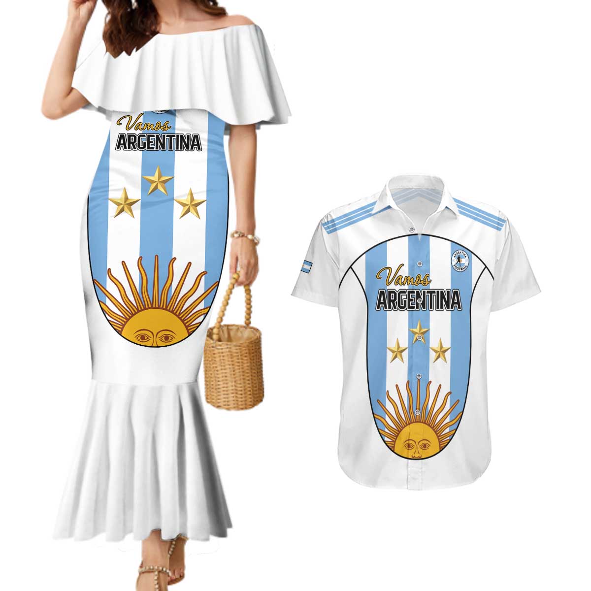 Custom Argentina Football Couples Matching Mermaid Dress and Hawaiian Shirt Vamos Vamos Argentina