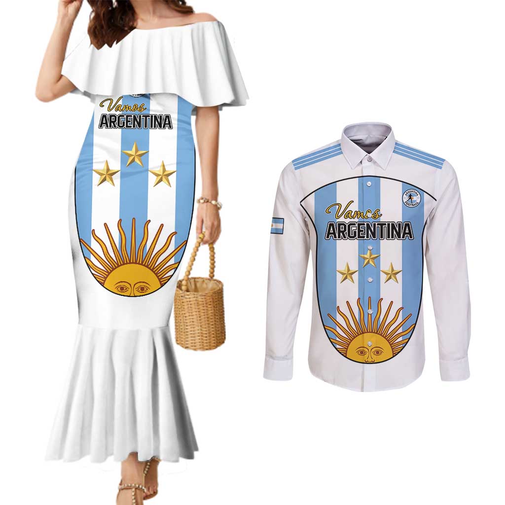 Custom Argentina Football Couples Matching Mermaid Dress and Long Sleeve Button Shirt Vamos Vamos Argentina