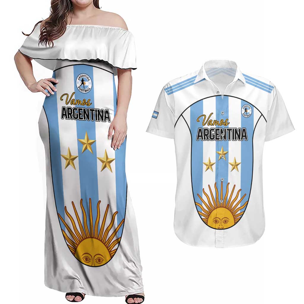 Custom Argentina Football Couples Matching Off Shoulder Maxi Dress and Hawaiian Shirt Vamos Vamos Argentina