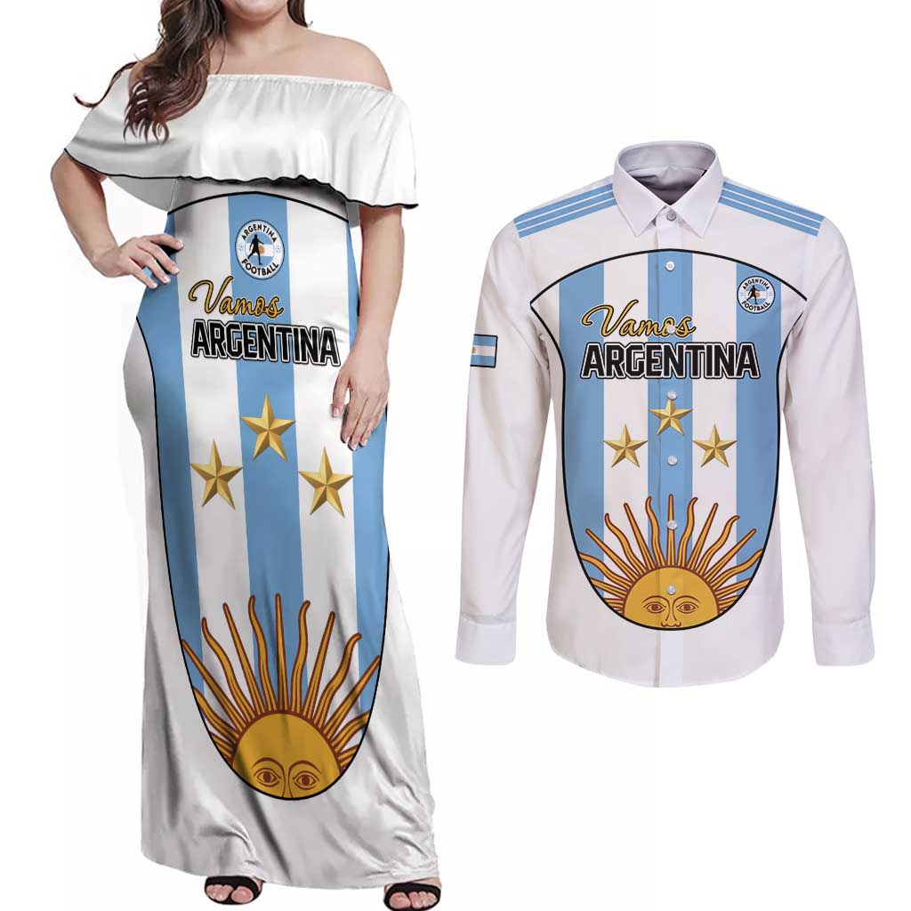 Custom Argentina Football Couples Matching Off Shoulder Maxi Dress and Long Sleeve Button Shirt Vamos Vamos Argentina