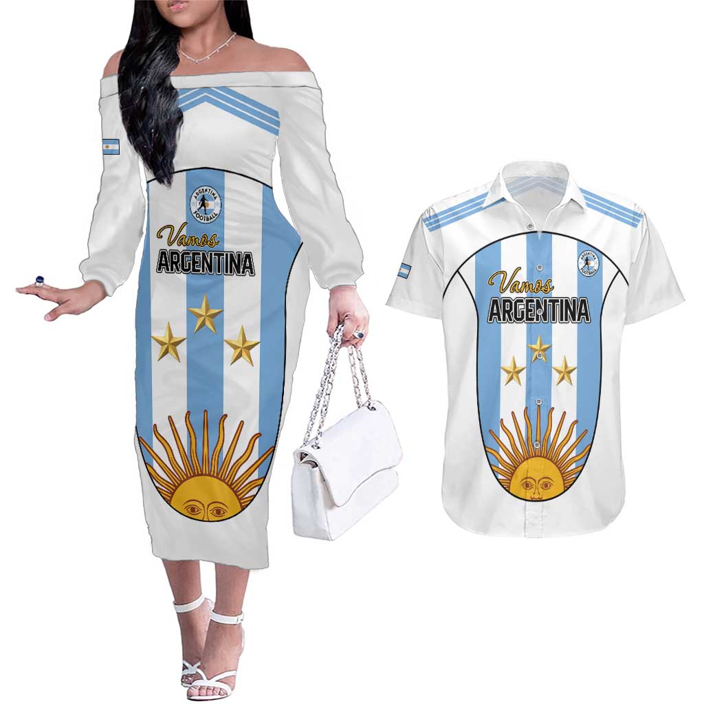 Custom Argentina Football Couples Matching Off The Shoulder Long Sleeve Dress and Hawaiian Shirt Vamos Vamos Argentina