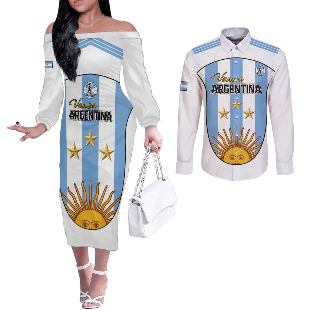 Custom Argentina Football Couples Matching Off The Shoulder Long Sleeve Dress and Long Sleeve Button Shirt Vamos Vamos Argentina