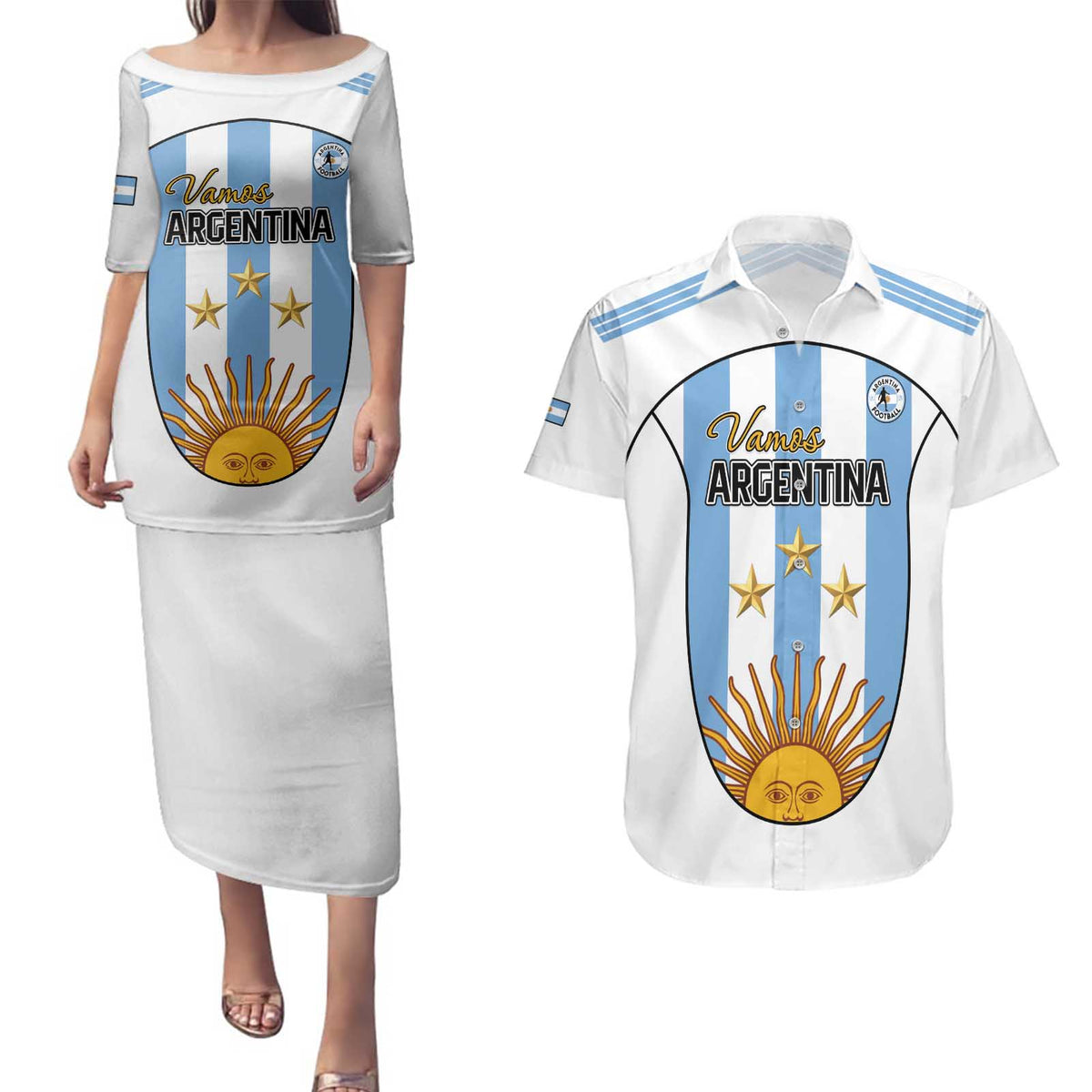 Custom Argentina Football Couples Matching Puletasi and Hawaiian Shirt Vamos Vamos Argentina