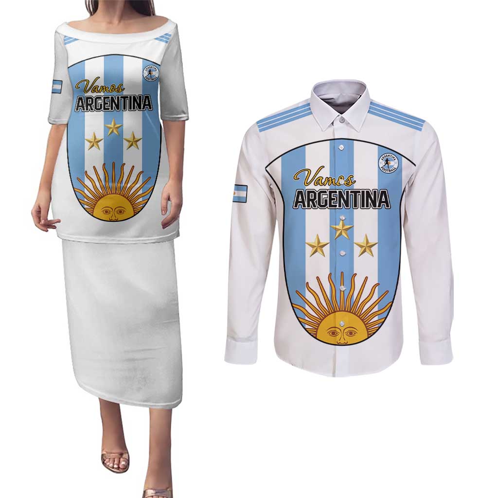 Custom Argentina Football Couples Matching Puletasi and Long Sleeve Button Shirt Vamos Vamos Argentina