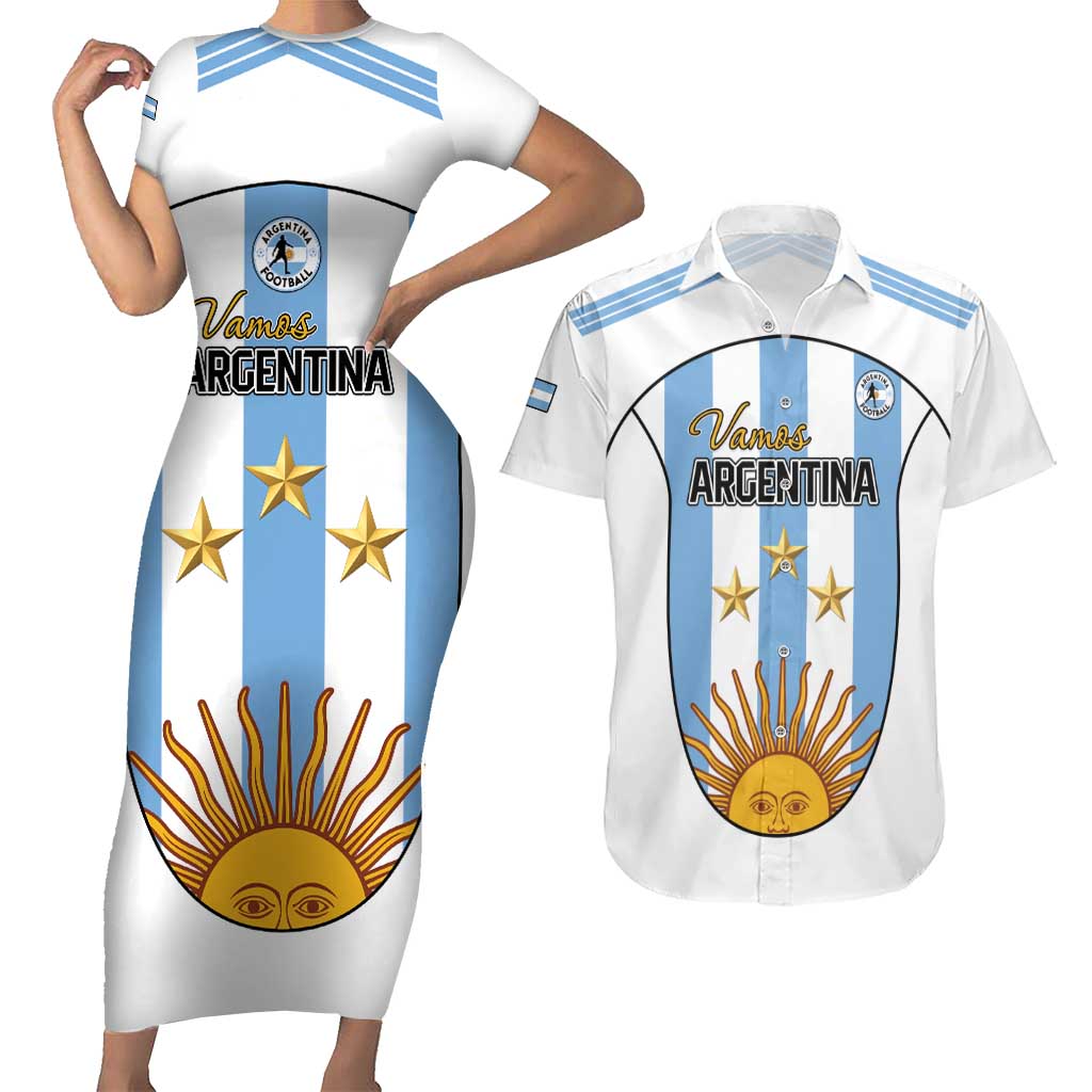 Custom Argentina Football Couples Matching Short Sleeve Bodycon Dress and Hawaiian Shirt Vamos Vamos Argentina