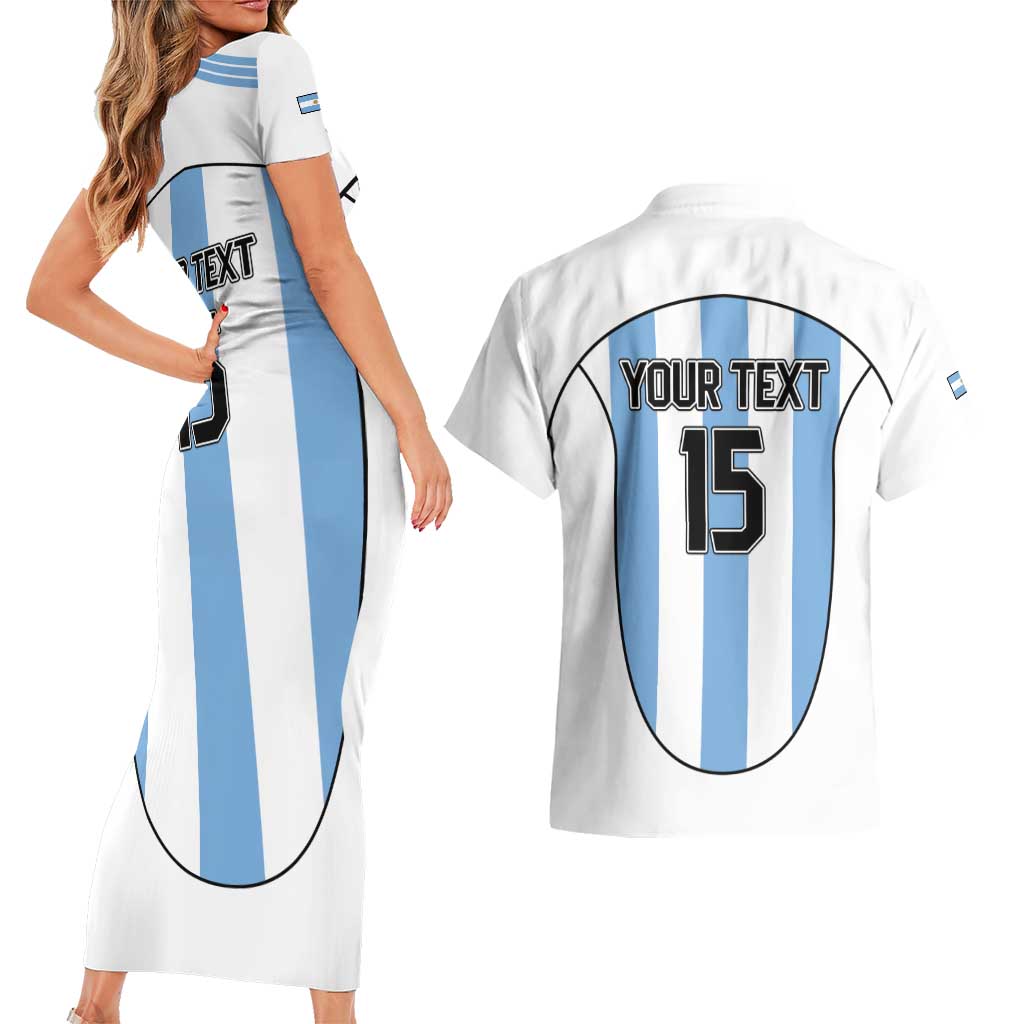 Custom Argentina Football Couples Matching Short Sleeve Bodycon Dress and Hawaiian Shirt Vamos Vamos Argentina