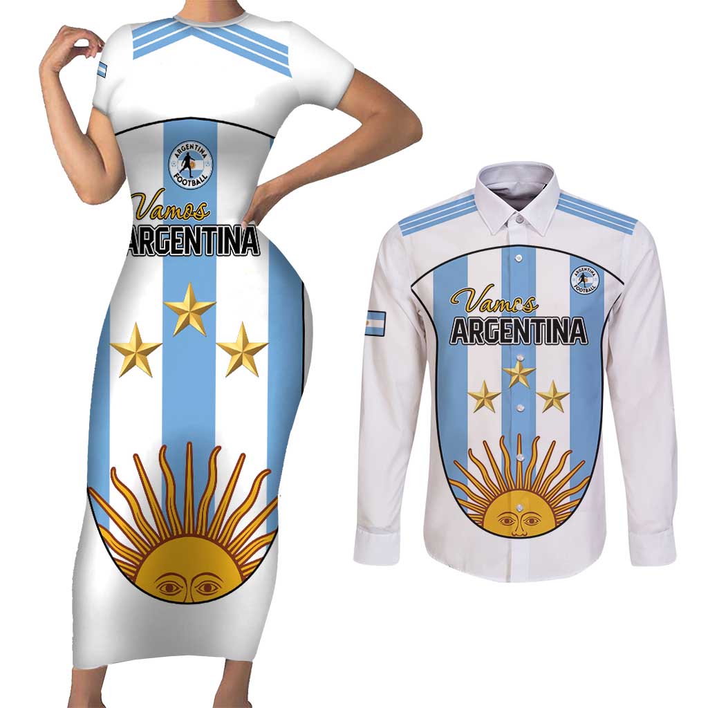 Custom Argentina Football Couples Matching Short Sleeve Bodycon Dress and Long Sleeve Button Shirt Vamos Vamos Argentina