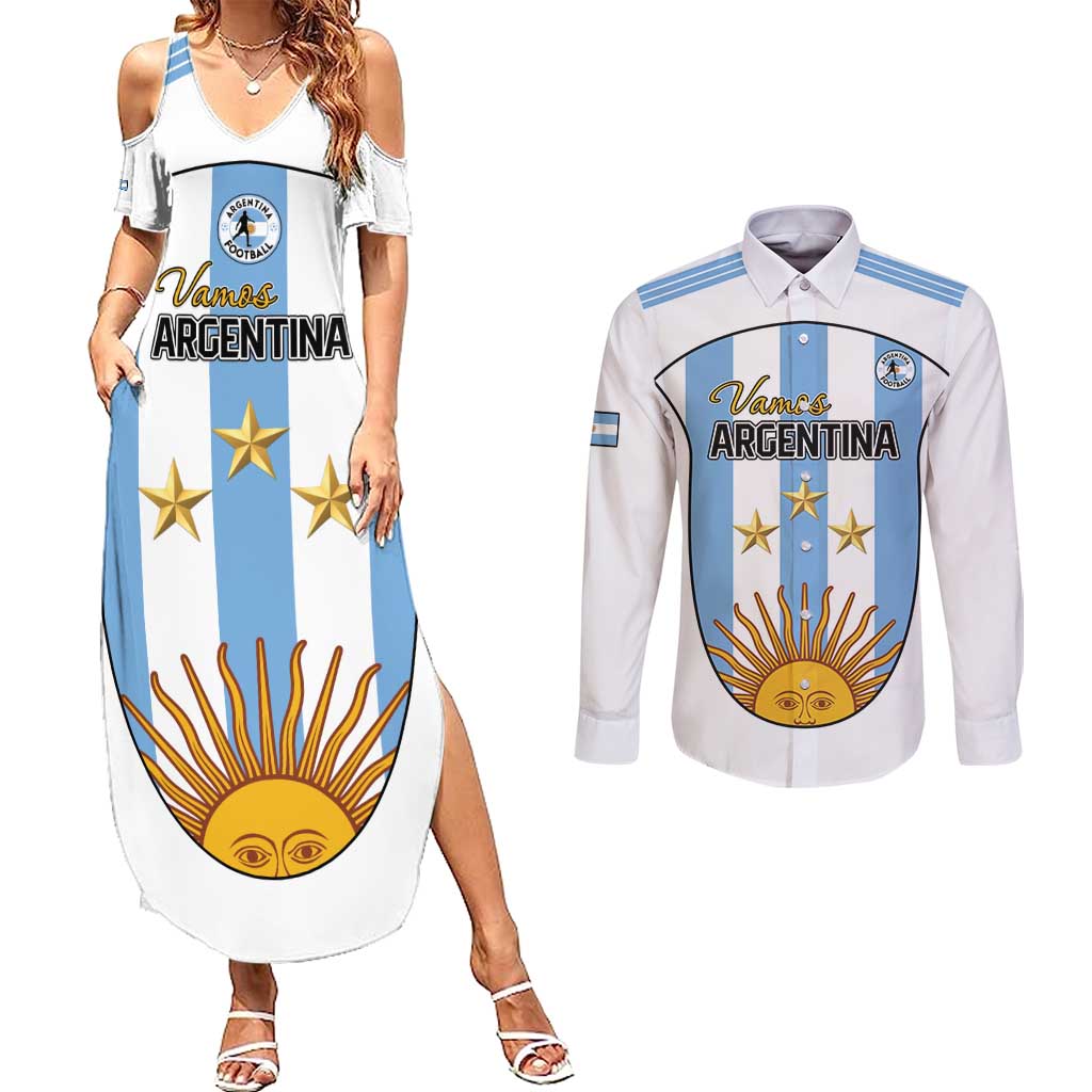 Custom Argentina Football Couples Matching Summer Maxi Dress and Long Sleeve Button Shirt Vamos Vamos Argentina