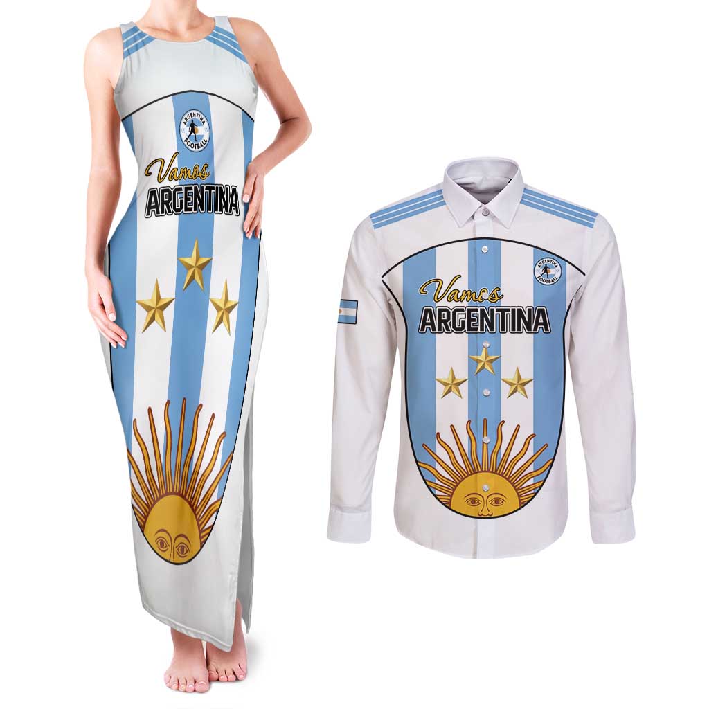 Custom Argentina Football Couples Matching Tank Maxi Dress and Long Sleeve Button Shirt Vamos Vamos Argentina