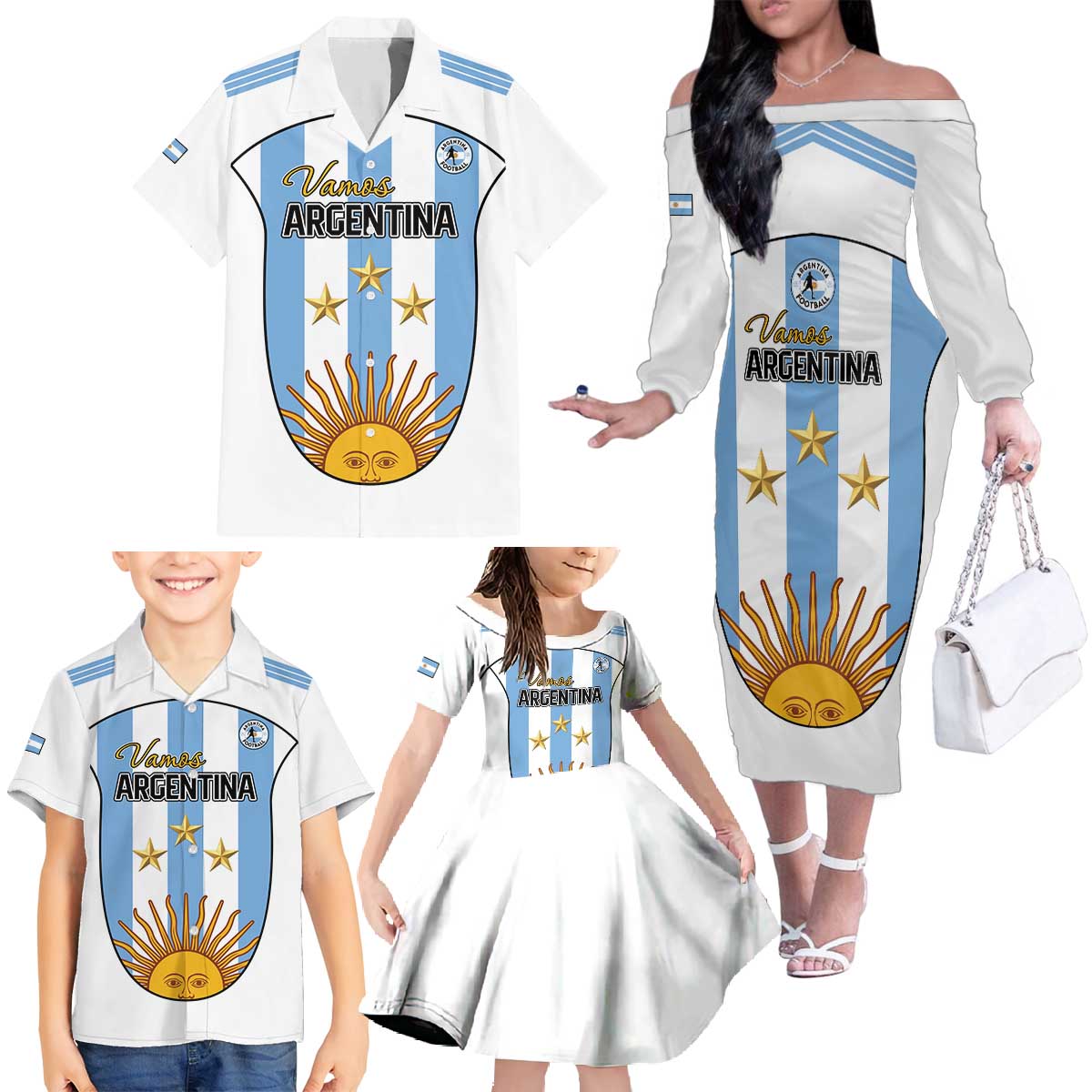 Custom Argentina Football Family Matching Off The Shoulder Long Sleeve Dress and Hawaiian Shirt Vamos Vamos Argentina