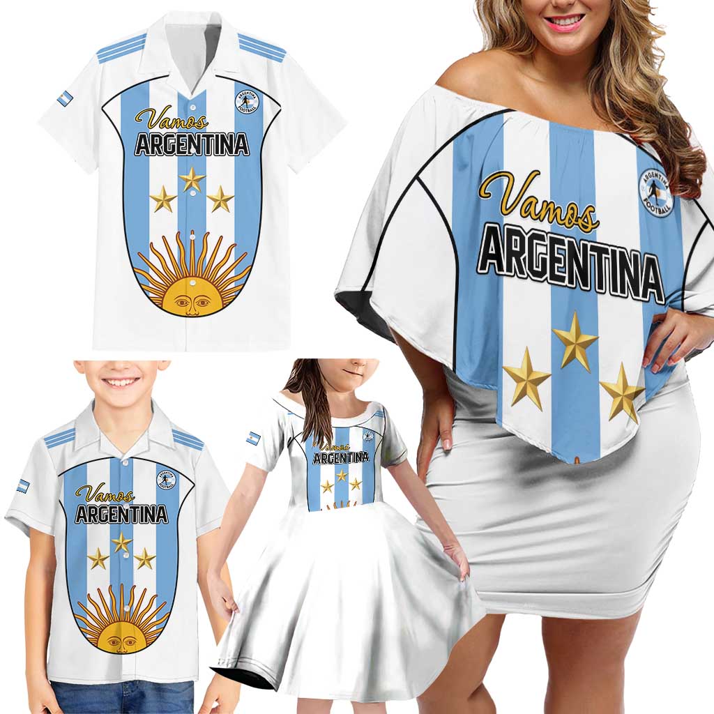 Custom Argentina Football Family Matching Off Shoulder Short Dress and Hawaiian Shirt Vamos Vamos Argentina