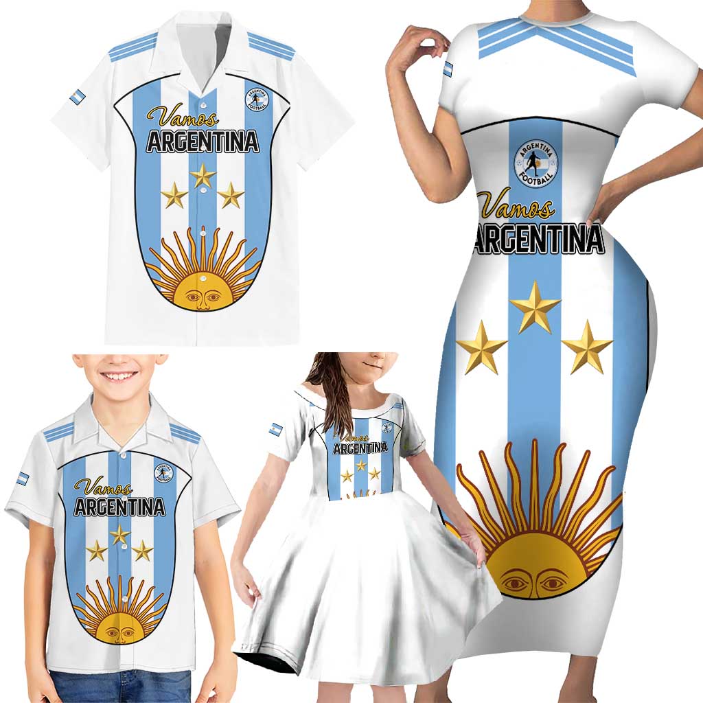 Custom Argentina Football Family Matching Short Sleeve Bodycon Dress and Hawaiian Shirt Vamos Vamos Argentina
