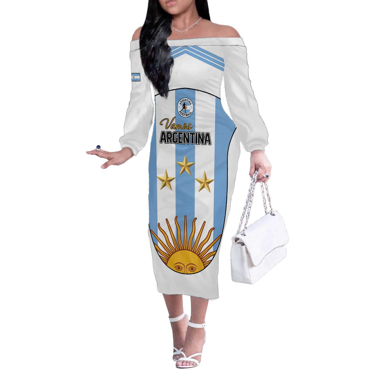 Custom Argentina Football Off The Shoulder Long Sleeve Dress Vamos Vamos Argentina