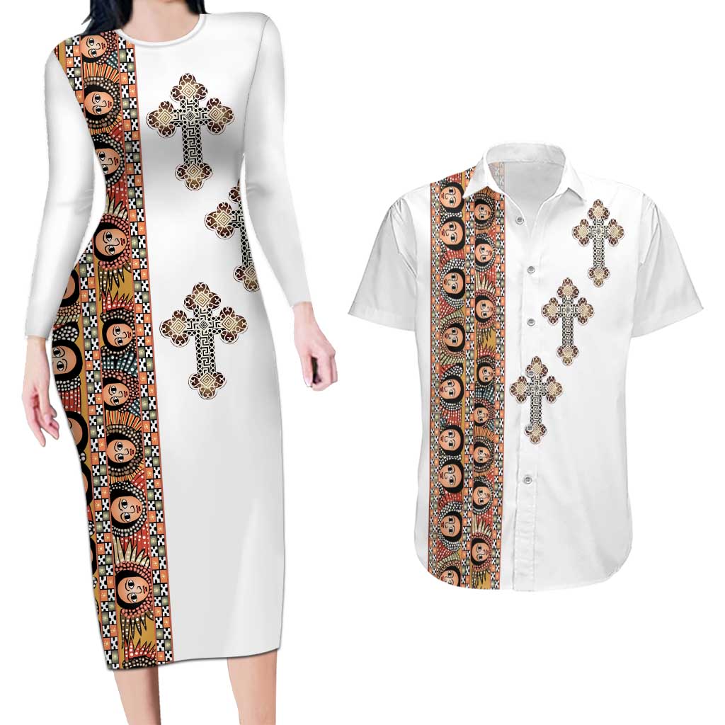 Ethiopia Angels Tilet Couples Matching Long Sleeve Bodycon Dress and Hawaiian Shirt Ethiopian Cross