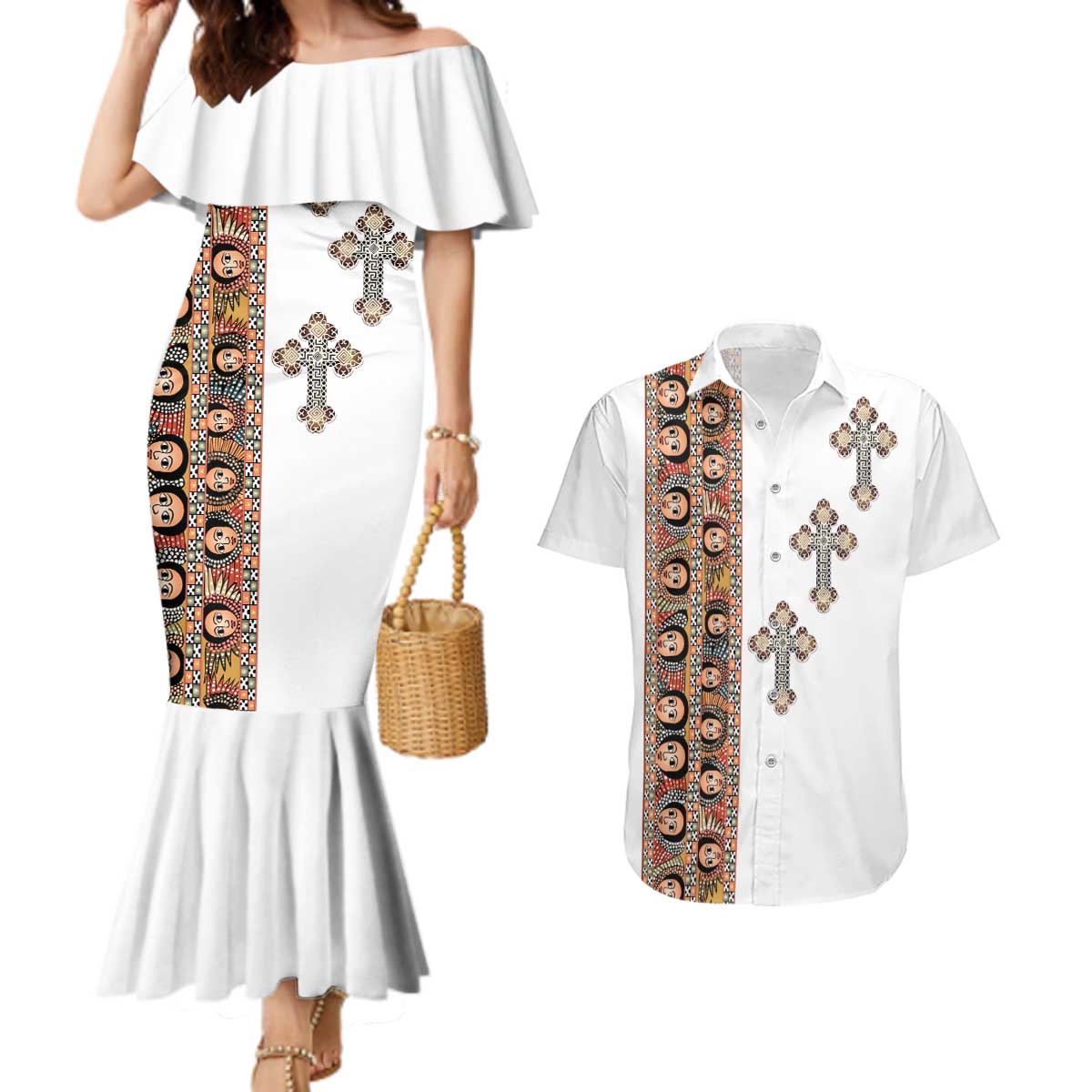 Ethiopia Angels Tilet Couples Matching Mermaid Dress and Hawaiian Shirt Ethiopian Cross