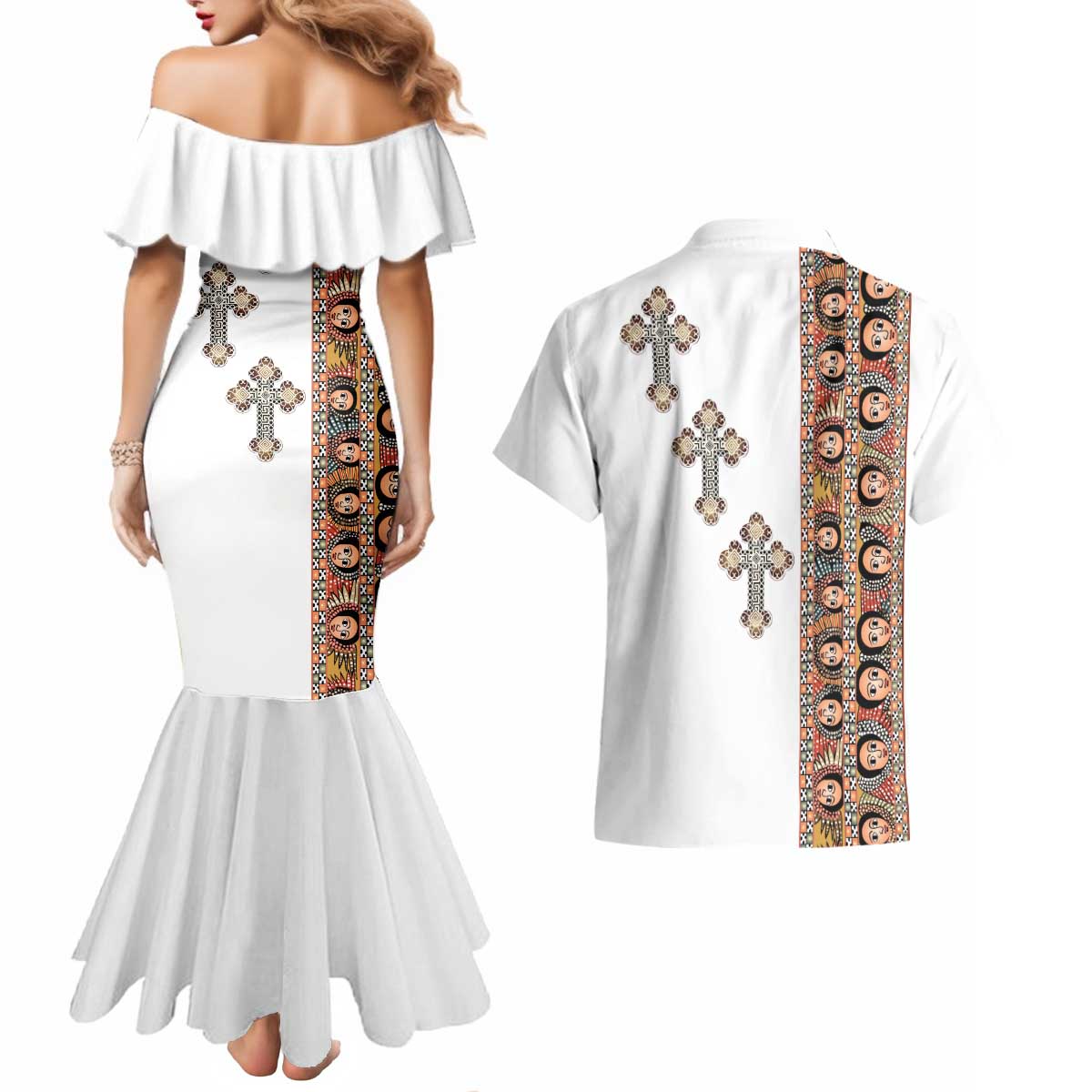 Ethiopia Angels Tilet Couples Matching Mermaid Dress and Hawaiian Shirt Ethiopian Cross