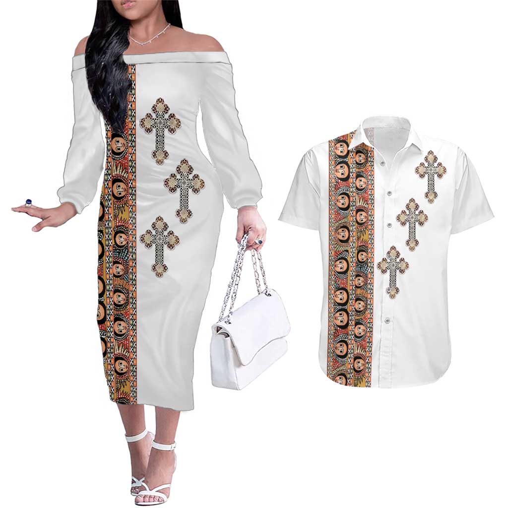 Ethiopia Angels Tilet Couples Matching Off The Shoulder Long Sleeve Dress and Hawaiian Shirt Ethiopian Cross