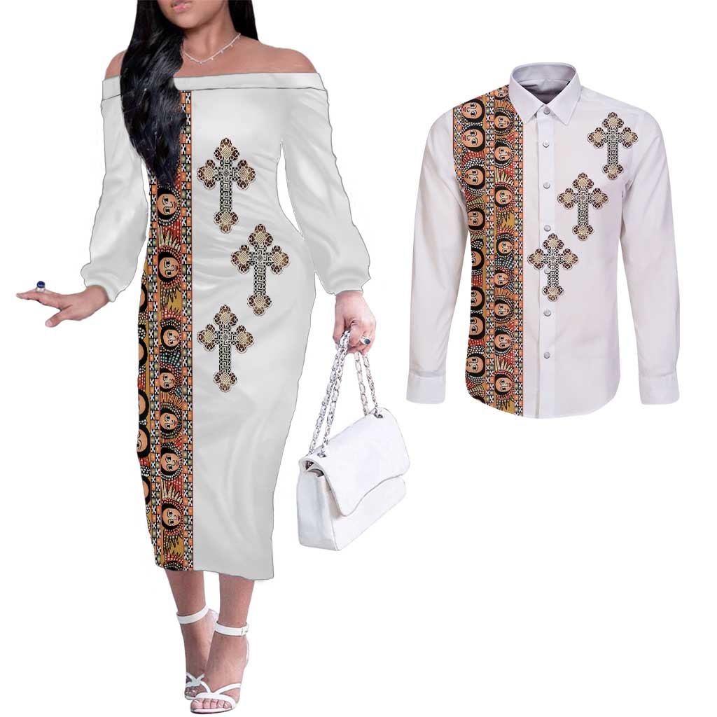 Ethiopia Angels Tilet Couples Matching Off The Shoulder Long Sleeve Dress and Long Sleeve Button Shirt Ethiopian Cross