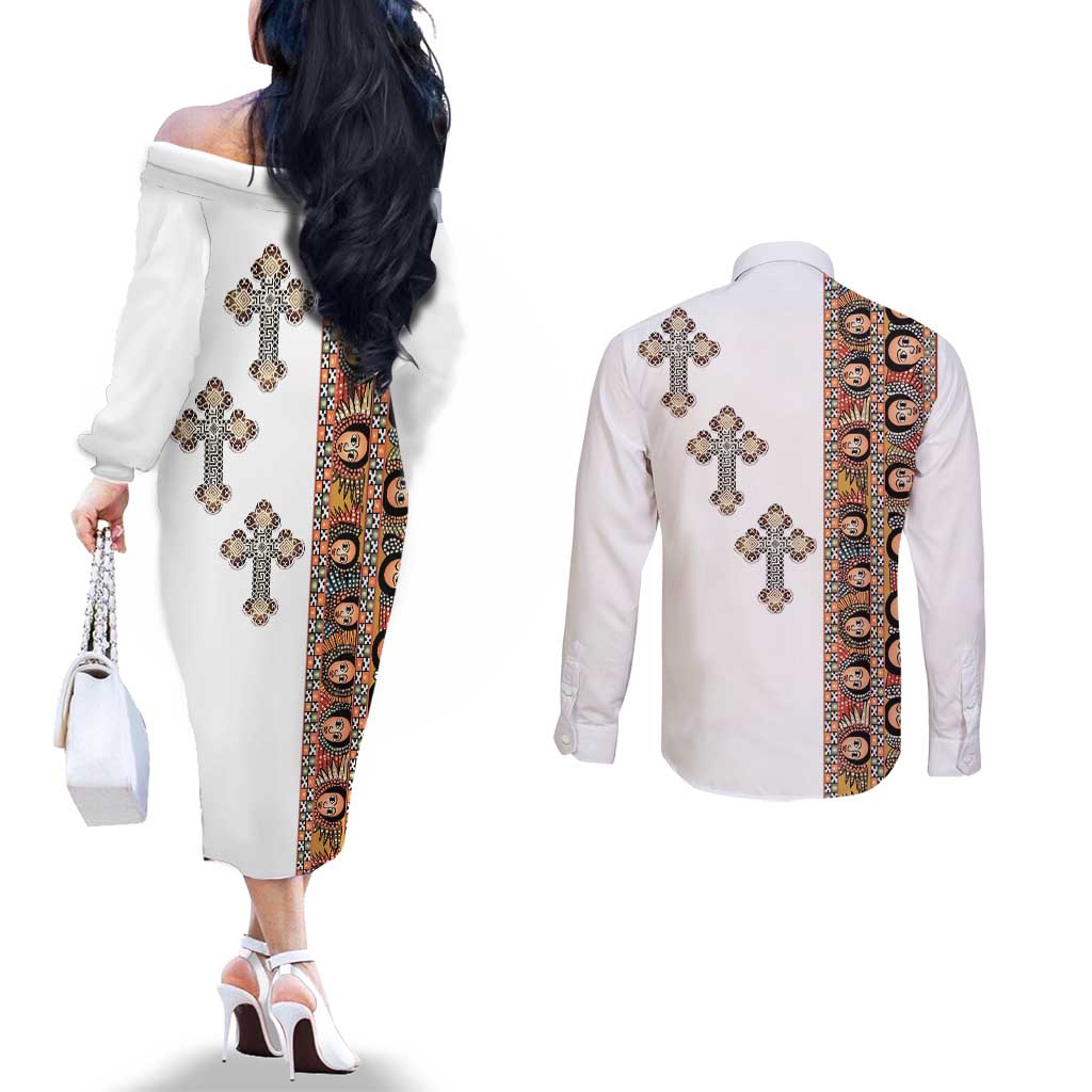 Ethiopia Angels Tilet Couples Matching Off The Shoulder Long Sleeve Dress and Long Sleeve Button Shirt Ethiopian Cross