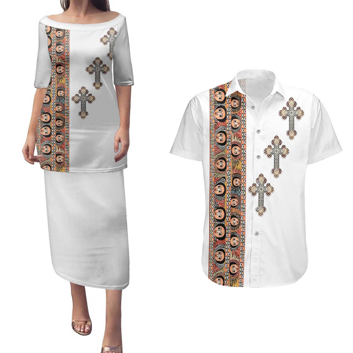 Ethiopia Angels Tilet Couples Matching Puletasi and Hawaiian Shirt Ethiopian Cross