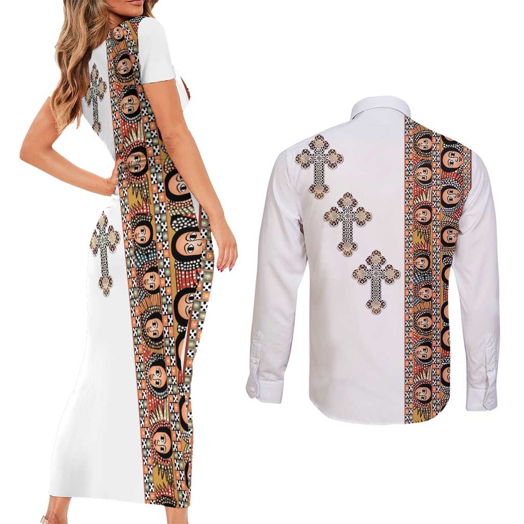 Ethiopia Angels Tilet Couples Matching Short Sleeve Bodycon Dress and Long Sleeve Button Shirt Ethiopian Cross