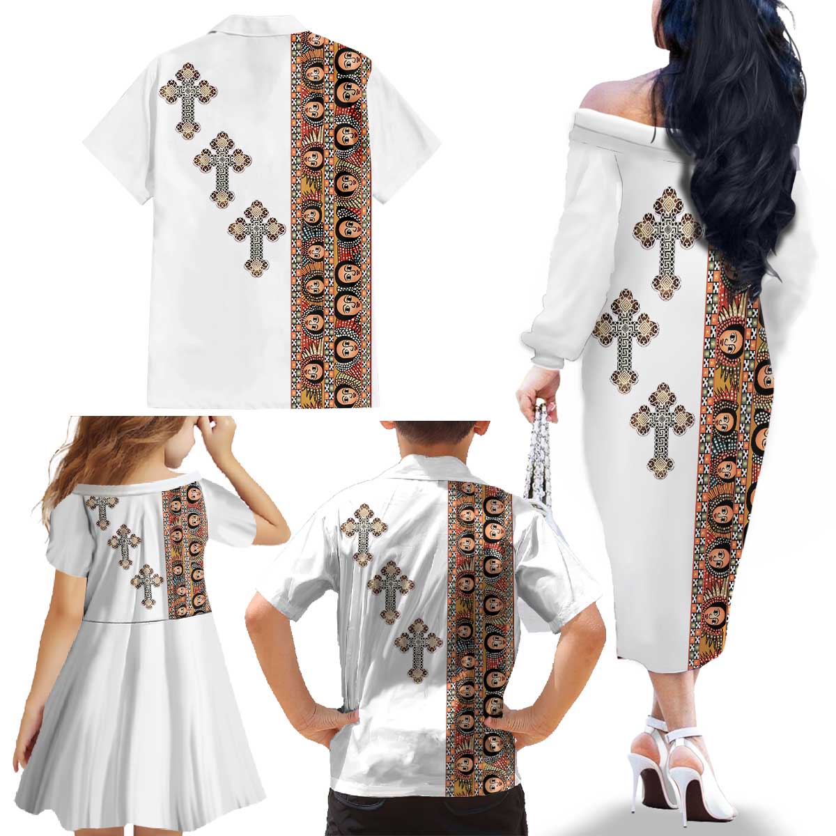 Ethiopia Angels Tilet Family Matching Off The Shoulder Long Sleeve Dress and Hawaiian Shirt Ethiopian Cross