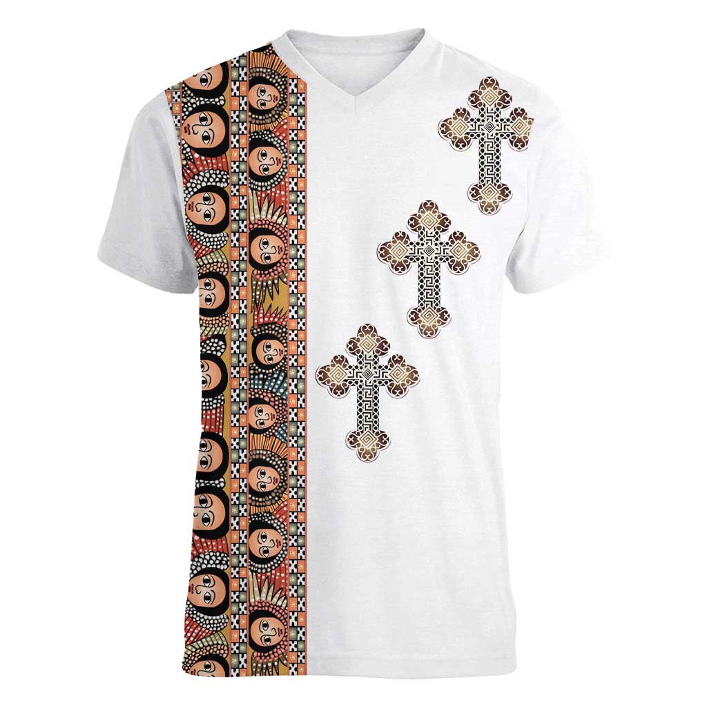 Ethiopia Angels Tilet Women V-Neck T-Shirt Ethiopian Cross
