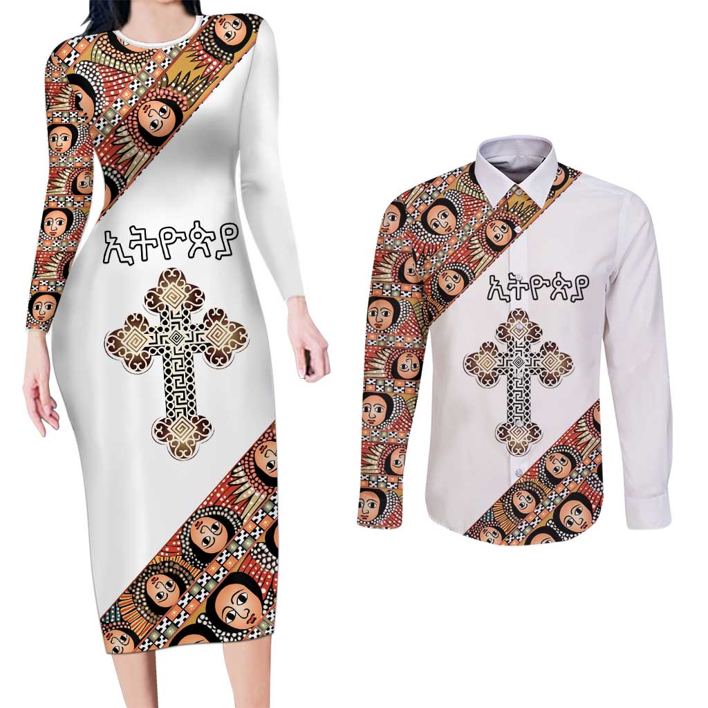 Personalized Ethiopian Orthodox Church Angel Couples Matching Long Sleeve Bodycon Dress and Long Sleeve Button Shirt
